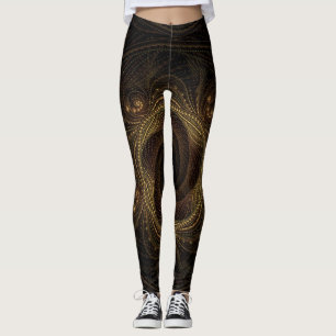 Leggings Fractales géométriques Black Gold Brown Élégant