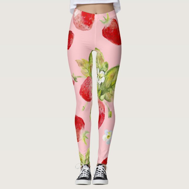Leggings Fraises d'aquarelle, motif transparent et fruité. (Devant)