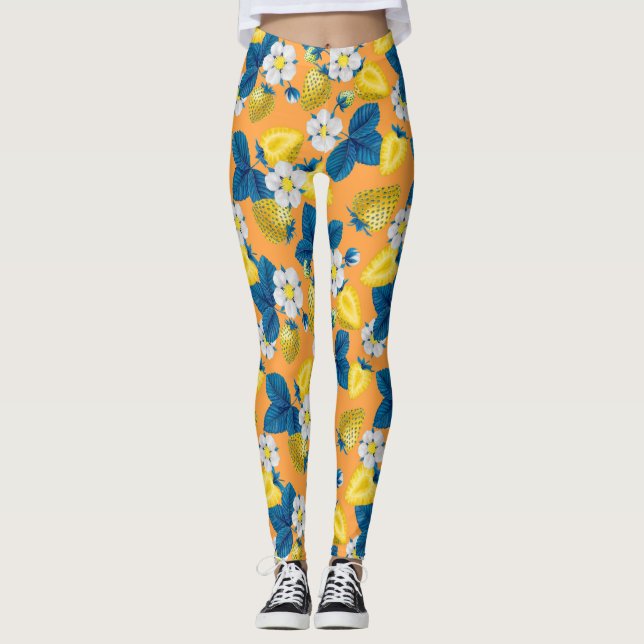 Leggings Fraises jaunes sur orange (Devant)