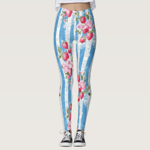 Leggings Fraises vintages et fleurs sur bandes bleues