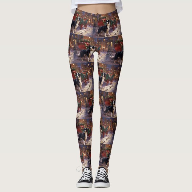 Leggings Frontière Collie Festive de Noël (Devant)