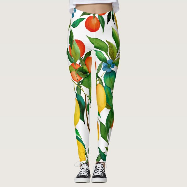 Leggings Fruits d'agrumes, motif d'aquarelle vibrante. (Devant)