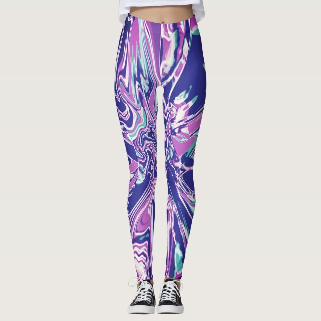 Leggings Fuschia violet Aqua blanc fleur psychédélique (Devant)