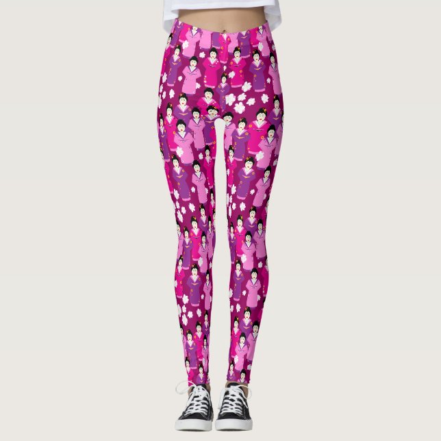 Leggings Geisha japonais en Kimonos Motif rose (Devant)