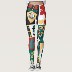 Leggings Géométrique mexicaine : Ornement vert rouge.
