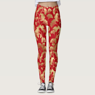Leggings Ginkgo Or Bourgogne avec Élégance Japonaise