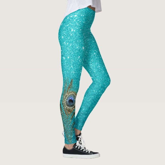 Leggings Glam Parties scintillant bleu turquoise avec plume (Droite)