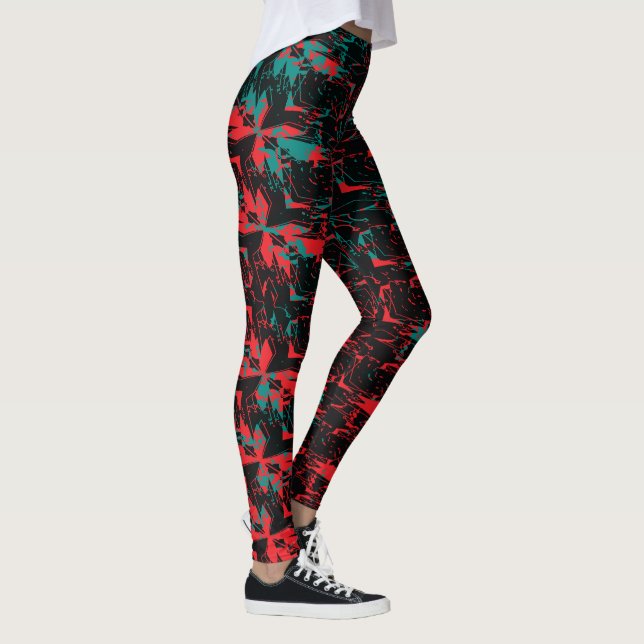 Leggings Glitch Art Red and Teal Floral Repeat (Droite)