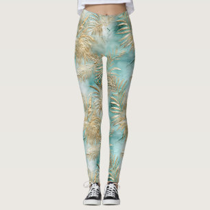 Leggings Gold Aqua White Feuilles tropicaux
