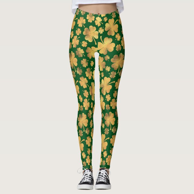 Leggings Gold Foil Shamrocks Lucky Clovers St. Paddy's Day (Devant)