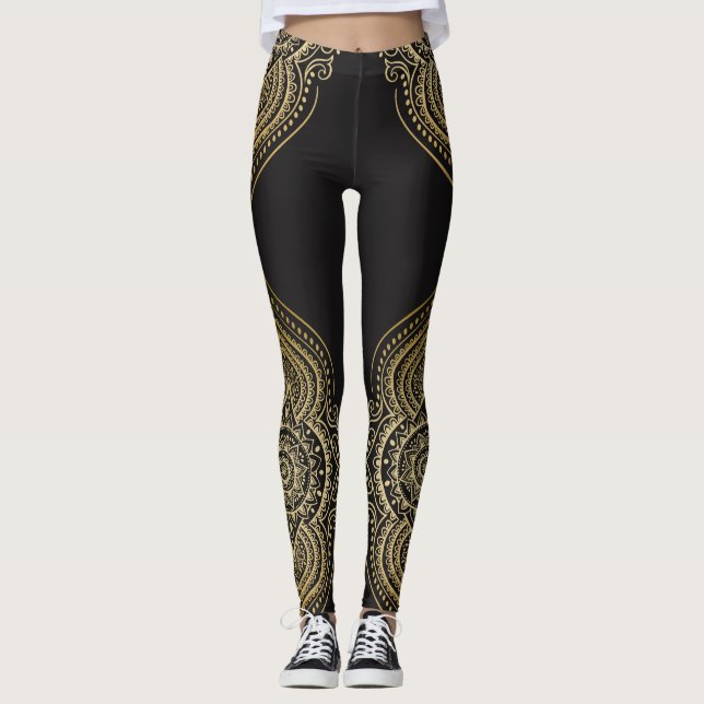 Leggings Gold Ornate Floral Mandala Design (Devant)