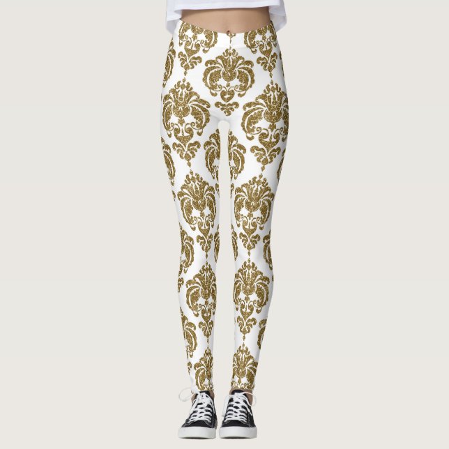 Leggings Gold & White Damask Chic Modern Elegant Motif (Devant)