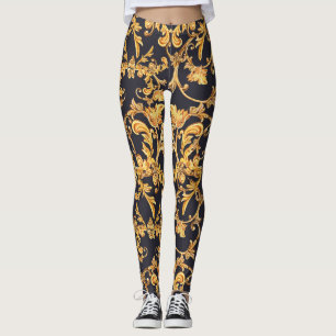 Leggings Golden Baroque, Scroll Feuille Motif.