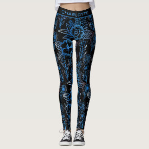 Leggings Grand motif fleuri bleu nom personnalisé