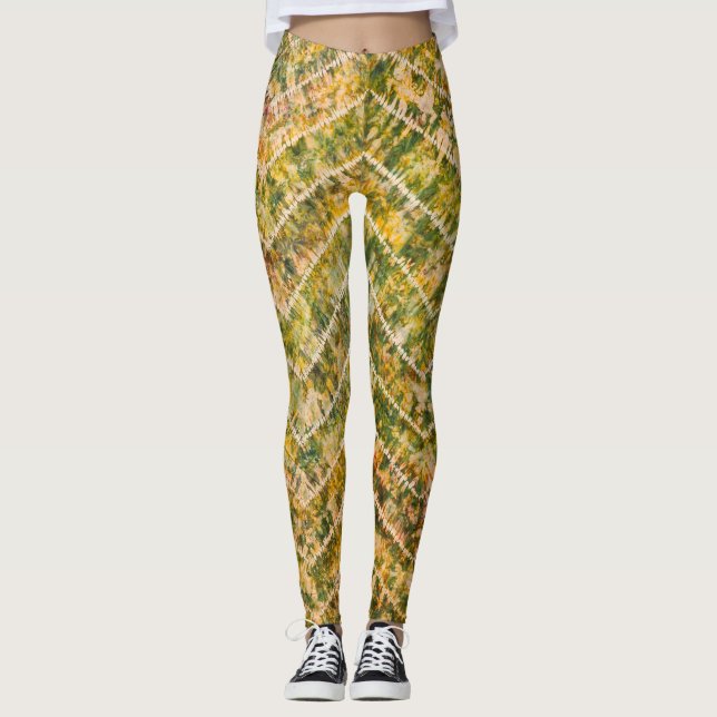 Leggings Green and Gold Tie Dye Chevron Pattern (Devant)