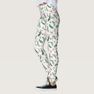 Leggings Green Holly Red Berries Motif de vacances