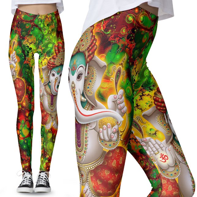 Leggings Green Red Ganesh Hippie Boho Psychedelic Festival (Créateur téléchargé)