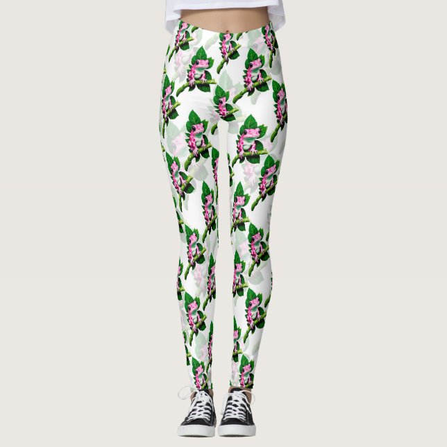 Leggings Grenouille Rose Sur La Feuille Verte Motif Design (Devant)