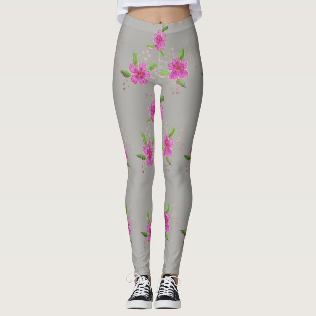 Leggings Gris Argent Élégants Avec Motif Floral (Devant)