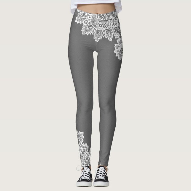 Leggings Gris avec accent de dentelle blanc (Devant)