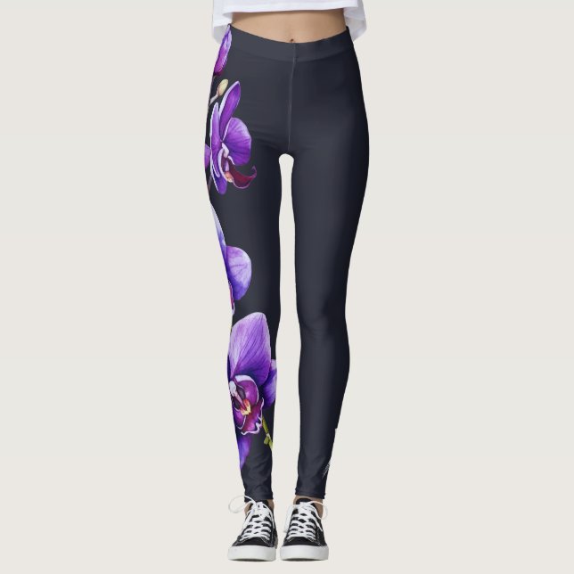 Leggings Gris d'ardoise foncée, Jambes d'orchidées violette (Devant)