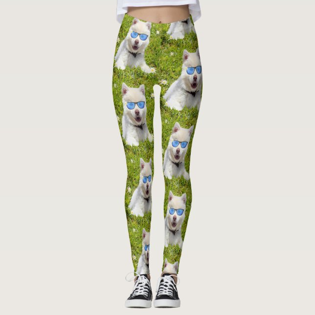 Leggings Gros Chiot Blanc Avec Lunettes De Soleil Bleues, (Devant)