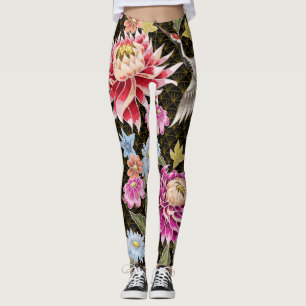 Leggings Grues Asters : Peint Style Japonais sans Seamless
