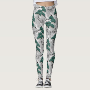 Leggings Grues Japonaises Oiseaux Gris Vert Motif Artistiqu