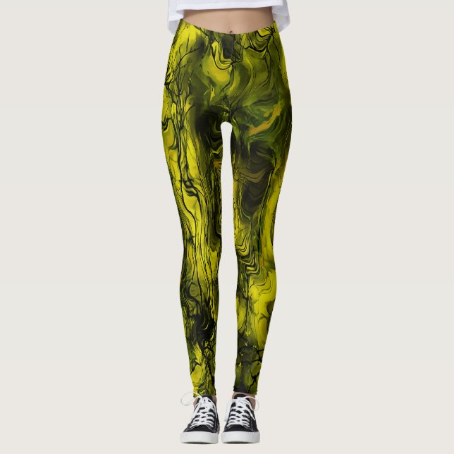 Leggings Grungy d'énergie nerveuse Abstrait noir et jaune (Devant)