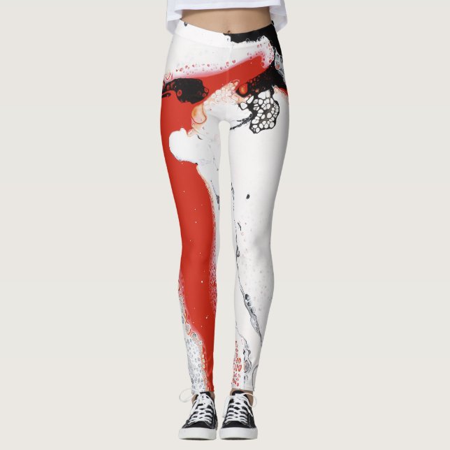 Leggings Guêtres abstraites de noir, blanches et de rouge - (Devant)