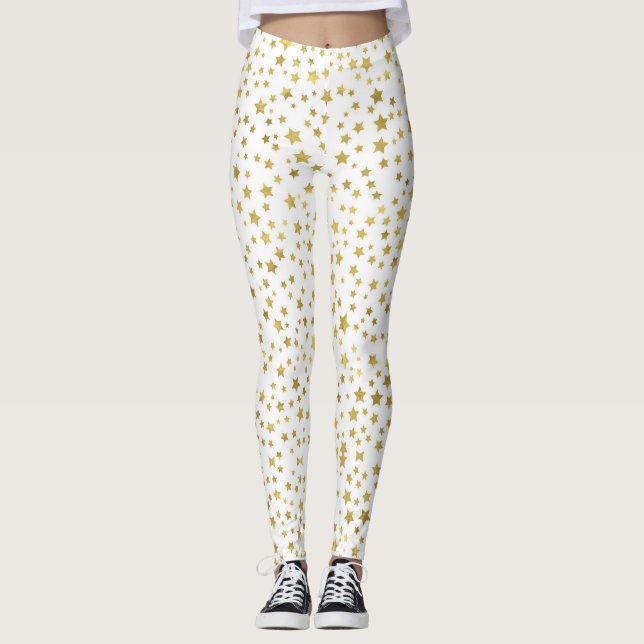 Leggings Guêtres blanches de femmes avec les étoiles d'or (Devant)