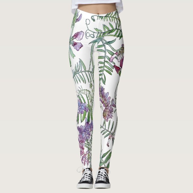 Leggings Guêtres botaniques d'impression de fleurs de vesce (Devant)