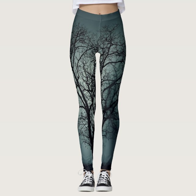 Leggings Guêtres d'arbre d'hiver Teal foncé avec l'arbre (Devant)