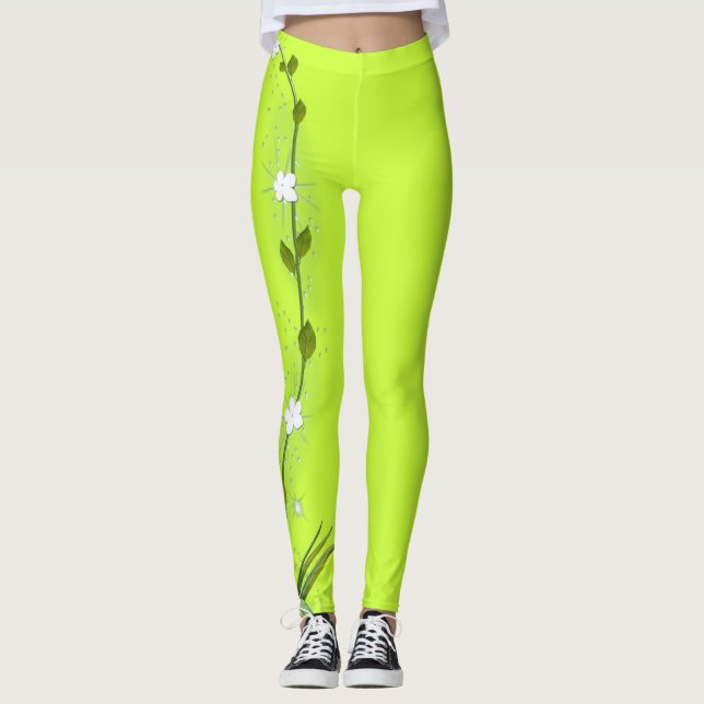 Leggings Guêtres de vert de chaux avec la fleur de Vining (Devant)