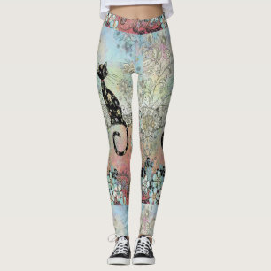 Leggings Guêtres florales de silhouette de chat de Paisley