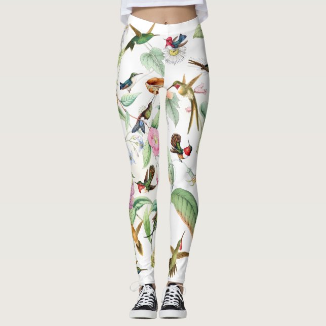 Leggings Guêtres florales d'impression d'oiseaux de colibri (Devant)