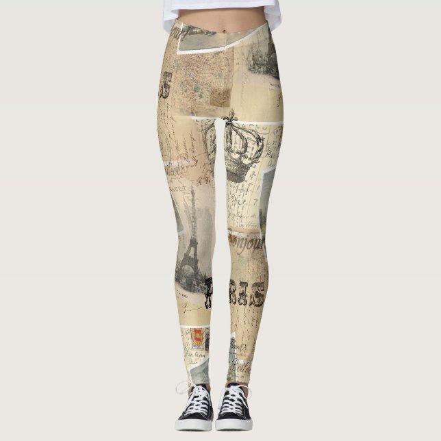 Leggings Guêtres françaises de collage de carte postale (Devant)