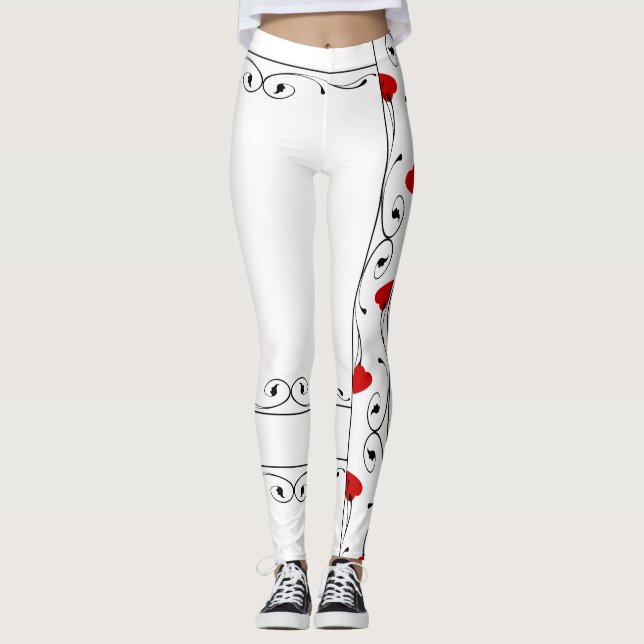 Leggings Guêtres noires de motif de vignes de coeurs rouges (Devant)
