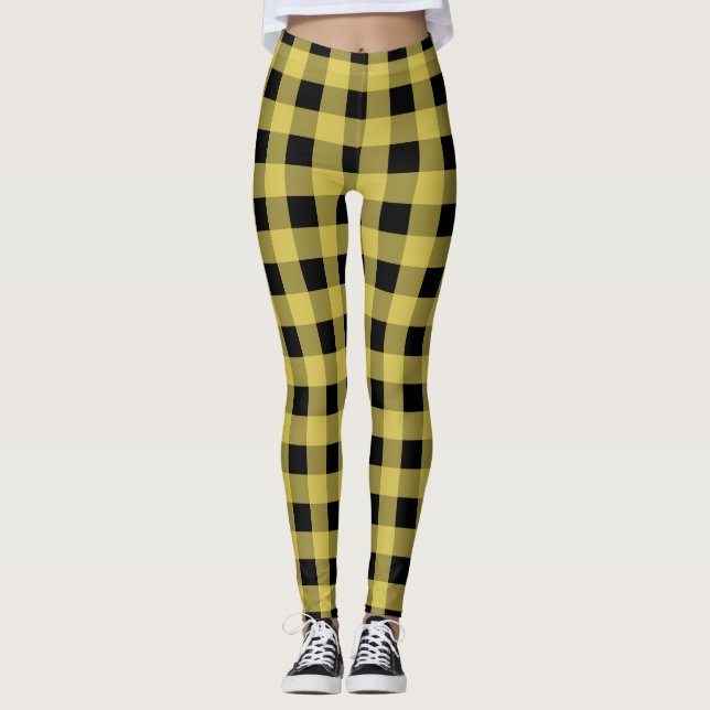 Leggings Guêtres noires et jaunes de motif de plaid (Devant)