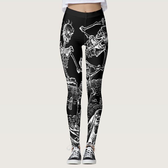 Leggings Guêtres noires macabres de Danse de squelettes (Devant)