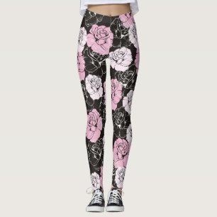 Leggings Guêtres noires roses de fleur blanche