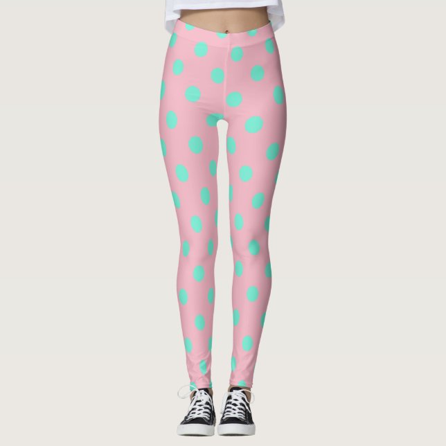 Leggings Guêtres roses avec le pois turquoise (Devant)