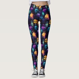 Leggings Halloween Crâne effrayant Orange Purple Bleu brill