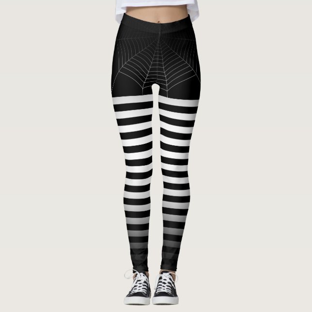 Leggings Halloween noir blanc araignée rayures web ombre (Devant)