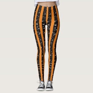 Leggings Halloween Noir rayures lignes sur orange