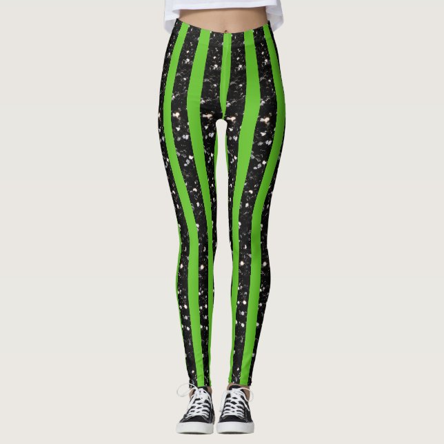 Leggings Halloween Noir rayures lignes sur vert (Devant)