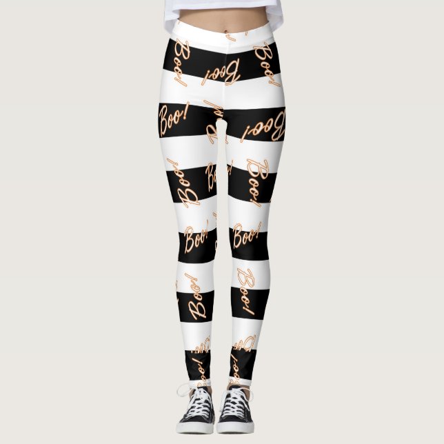 Leggings Halloween Orange BOO Black & White Striped Festive (Devant)