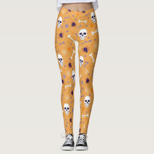 Leggings Halloween Orange et Crânes, os, araignées et Web