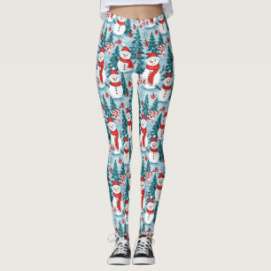 Leggings Happy mignonne Festive Snowmen en bleu et rouge