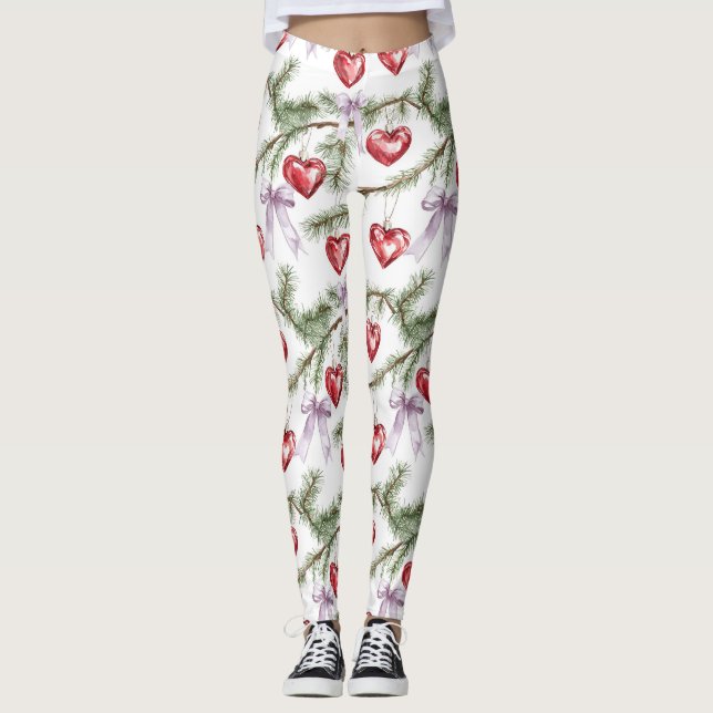 Leggings Hearts Trees Red Purple Bows Christmas (Devant)